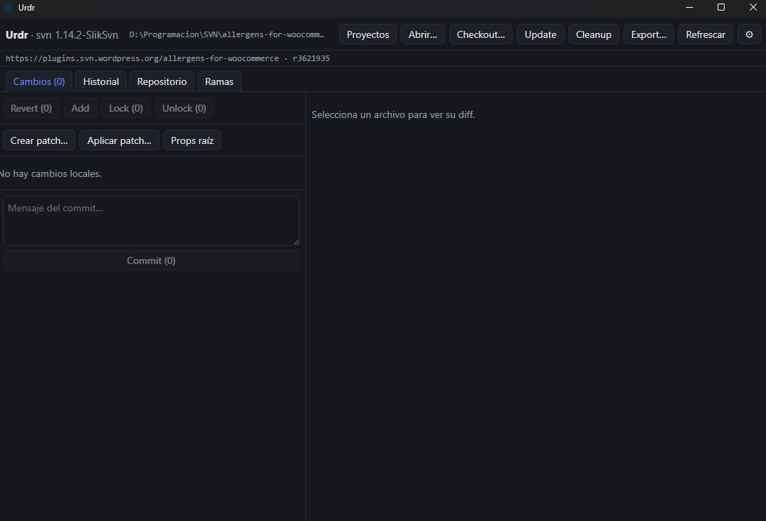 Urdr showing a working copy with the change list and the diff editor